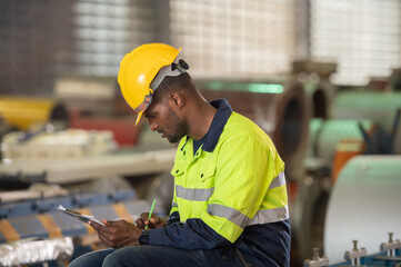 Asian male engineer in uniform inspection warehouse and check control heavy machine construction installation in industrial factory. technician worker check for repair maintenance operation system