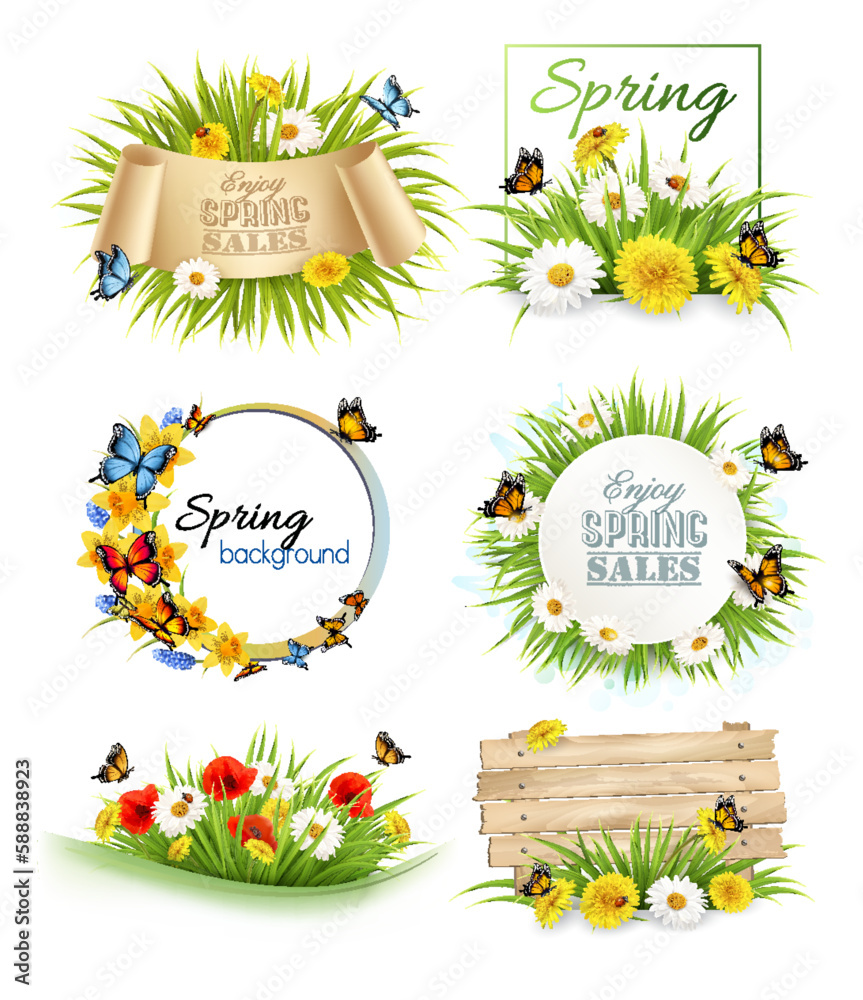 Poster set of spring sale banners and frames with colorful spring flowers and butterflies. vector.