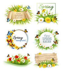 Set of spring sale banners and frames with colorful spring flowers and butterflies. Vector.