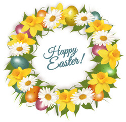 Happy Easter background with grass, spring flowers and easter eggs.  Easter Wreath with colorful eggs, grass and flowers. Vector