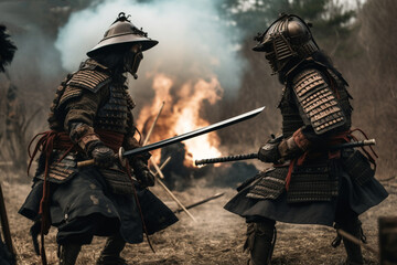 The battle of two samurai with katanas in traditional armor on the battlefield. Medieval Japanese warriors. ai generated - obrazy, fototapety, plakaty