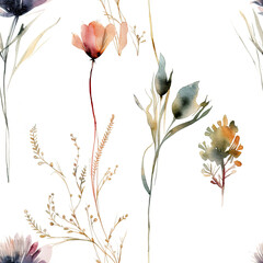 Aquarell, nahtlose Wildblumen, Blumen und Gräser auf weißem Hintergrund, Tapete, Generative AI © Jennifer