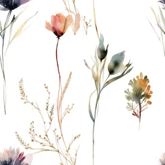 Aquarell, nahtlose Wildblumen, Blumen und Gräser auf weißem Hintergrund, Tapete, Generative AI © Jennifer