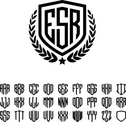 Shield Heraldic Wreath with 3 Letters Alphabet Font For Logotype, logos, embroidery, necklaces