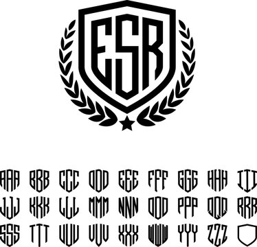 Shield Heraldic Wreath with 3 Letters Alphabet Font For Logotype, logos, embroidery, necklaces