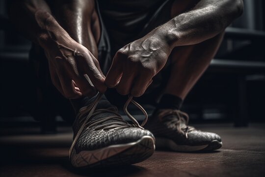 Extreme Close-Up of Hands Tying Athletic Shoes for Workout, Generative AI