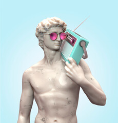 Statue of David by Michelangelo with vintage radio and sunglasses. 3D rendering.