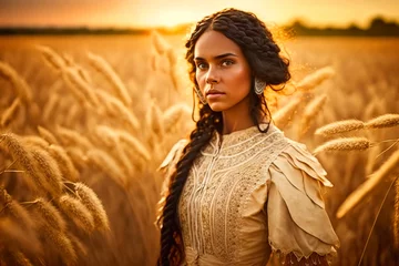 Foto op Plexiglas Beautiful Native American woman posing in wheat field © Anna