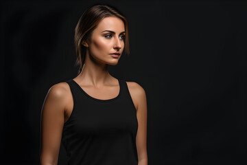 Fototapeta premium Generative AI. Blank Black Tank top Mock up on Female Model: Showcase Your Designs in Style