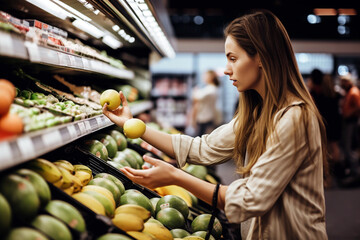 woman shopping fruits and vegetables in supermarket. Generative Ai