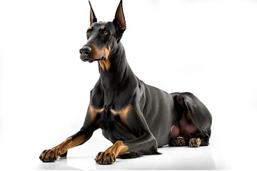 Sleek and Fearless: Striking Doberman Pinscher Dog on White Background