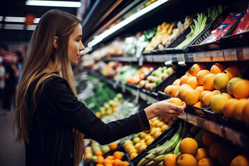 woman buying fruits at supermarket. Generative Ai