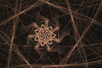 Orange floral pattern of crooked threads on a black background. Abstract fractal 3D rendering
