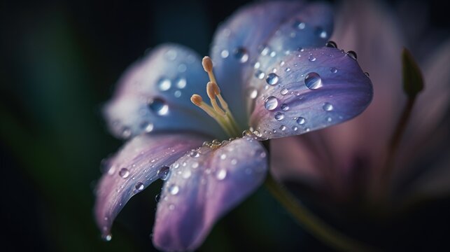  A Purple Flower With Water Droplets On It's Petals And A Dark Background With A Green Stem And A Blue Flower With Yellow Stamen.  Generative Ai