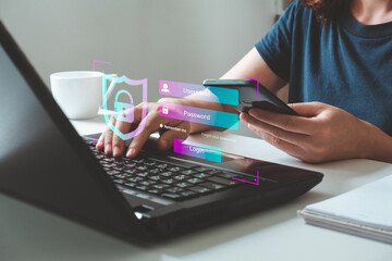 Fototapeta premium Businesswomen are protecting personal data on laptop and virtual interfaces. Cyber security and privacy concepts to protect data. multi-factor verification and internet network security technology.