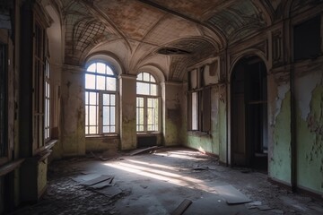 Fototapeta premium Sunlit Abandoned Room with Arched Windows