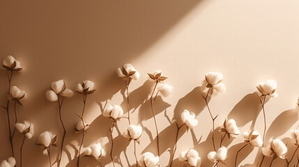 Pattern from white cotton flowers with sun shadows on. Generative AI.