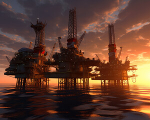 Obraz premium Three big sea oil platforms. Massive constructions with lights on. Cloudy sky at sunset in backdrop. Generative AI.