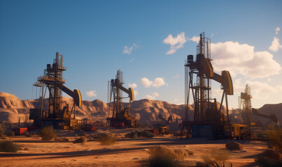 Fototapeta na wymiar Few oil rigs in the deserted land. Rocks and blue skies at backdrop. Generative AI.