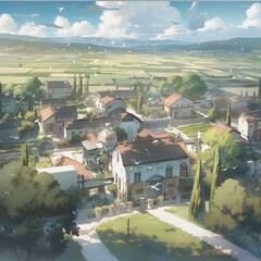 Small village in the Italian countryside, anime style, AI, Generative, Generative AI