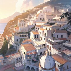 Aerial view of a Mediterranean city overlooking the sea, generative AI