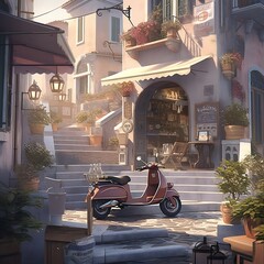 Streets of a Mediterranean village with shops, planters and a scooter, generative AI 