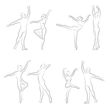 Collection. Silhouette of a ballet actor. The woman and the man have beautiful slender figures. Girl ballerina and boyfriend dancer. Vector illustration set