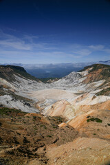 A white valley with a blue sky in the background, a large valley with various colors and dirt
