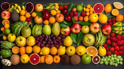 Knolling layout of several colorful fruits lying on ground, birds eye perspective, dark grey background, Generative AI