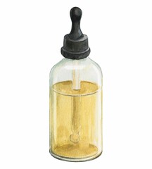 A bottle of lavender essential oil. A natural ingredient for cosmetics, perfumes. Fragrant lavender hydrolate. Watercolor illustration.