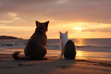 A dog and a cat seen from behind on the beach look dreamily into the sunset created with generative AI technology.