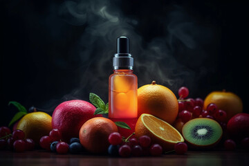 Bottle with Liquid Illustration. Vaping. Vape Liquid with Taste. Multiple Berries and Citrus Fruits. Creative Colorful Background. Created by Generative AI