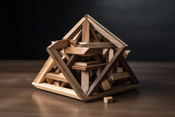 An impossible geometric puzzle made of wood create by generative AI technology. - obrazy, fototapety, plakaty