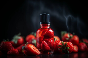 Bottle with Liquid Illustration. Vaping. Vape Liquid with Taste. Strawberry Fruits. Creative Colorful Background. Created by Generative AI