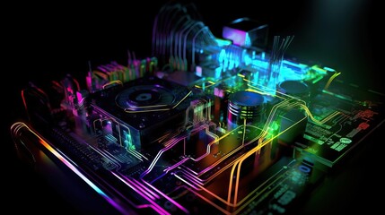 Fototapeta na wymiar Colorful Electroinc digital, integrated microchip, background for technology image, generative ai