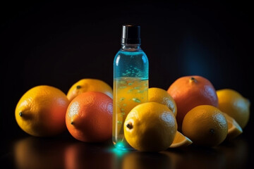 Bottle with Liquid Illustration. Vaping. Vape Liquid with Taste. Citrus Fruits. Oranges, Lime, Lemon. Creative Colorful Background. Created by Generative AI