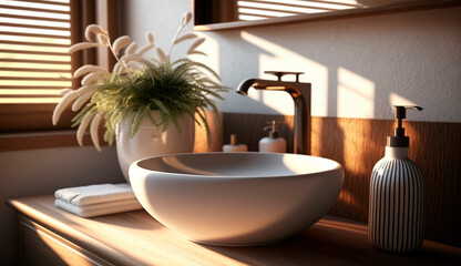 wooden vanity with white ceramic sink and modern style faucet in the bathroom. Generative Ai,