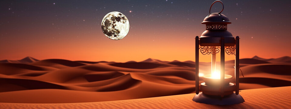 Muslim luminary at night in the desert moon. Generative AI,