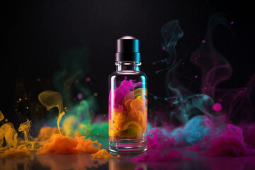 Obraz na płótnie Canvas Bottle with Liquid Illustration. Vaping. Vape Liquid with Taste. Multicolor Liquid and Smoke. Creative Colorful Background. Created by Generative AI