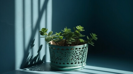 Green succulent in a concrete plant pot with decorative stones. Generative AI.