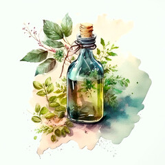 Bottle with herbal oil homeopathic herbs. Watercolor drawing. Generative AI, - obrazy, fototapety, plakaty