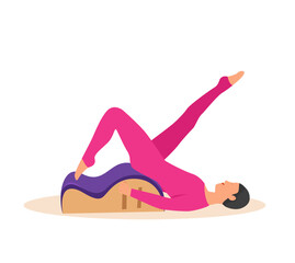 Woman doing Pilates with equipment. Equipment
 - back corrector for Pilates. Vector illustration
