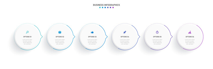 Timeline infographic with infochart. Modern presentation template with 6 spets for business process. Website template on white background for concept modern design. Horizontal layout.