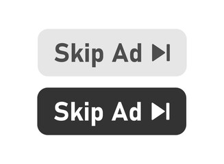 Skip ad button icon on light background. Video ad symbol. Interface, arrow, black and white variant, media, advertising, click. Outline, flat and colored style. Flat design. Vector illustration.