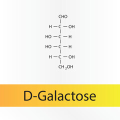 Straight chain form chemical structure of D-Galactose sugar. Scientific vector illustration on white and orange background.