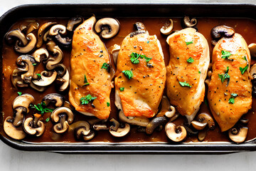 Baked chicken with mushrooms. In a black square dish, on a black table