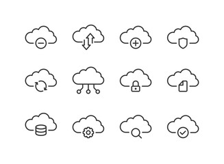 Cloud computing icon on light background. Cloud storage symbol. Cloud hosting, local or global network, security, business, information, data center. Outline style. Flat design. Vector illustration