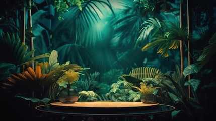Naklejka premium Interior table for a cosmetic item against the backdrop of tropical plants, palms. Generative Ai