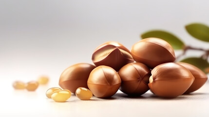 Argan oil nuts with plant. Cosmetics and natural oils background, Bright color. Generative Ai