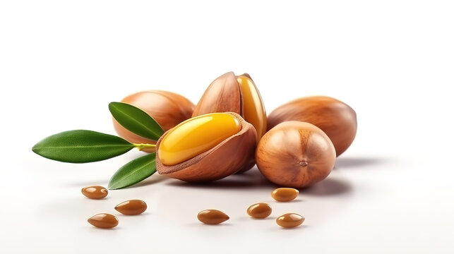 Argan seeds isolated on a white banner background. Generative Ai